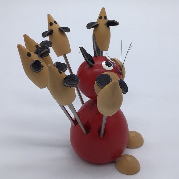 Retro Giftcraft Wooden Whimsical Cat & 6 Mice Forks - Picture 4 of 8